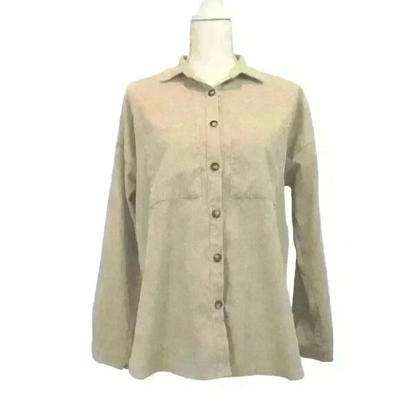 Kendall & Kylie Corduroy Boyfriend Shirt – Khaki, Size XS - Picture 1 of 10